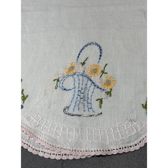 Hand Embroidered Linen Table Runner Flowers & Pink Lace Trim 38x14" - Picture 2 of 11